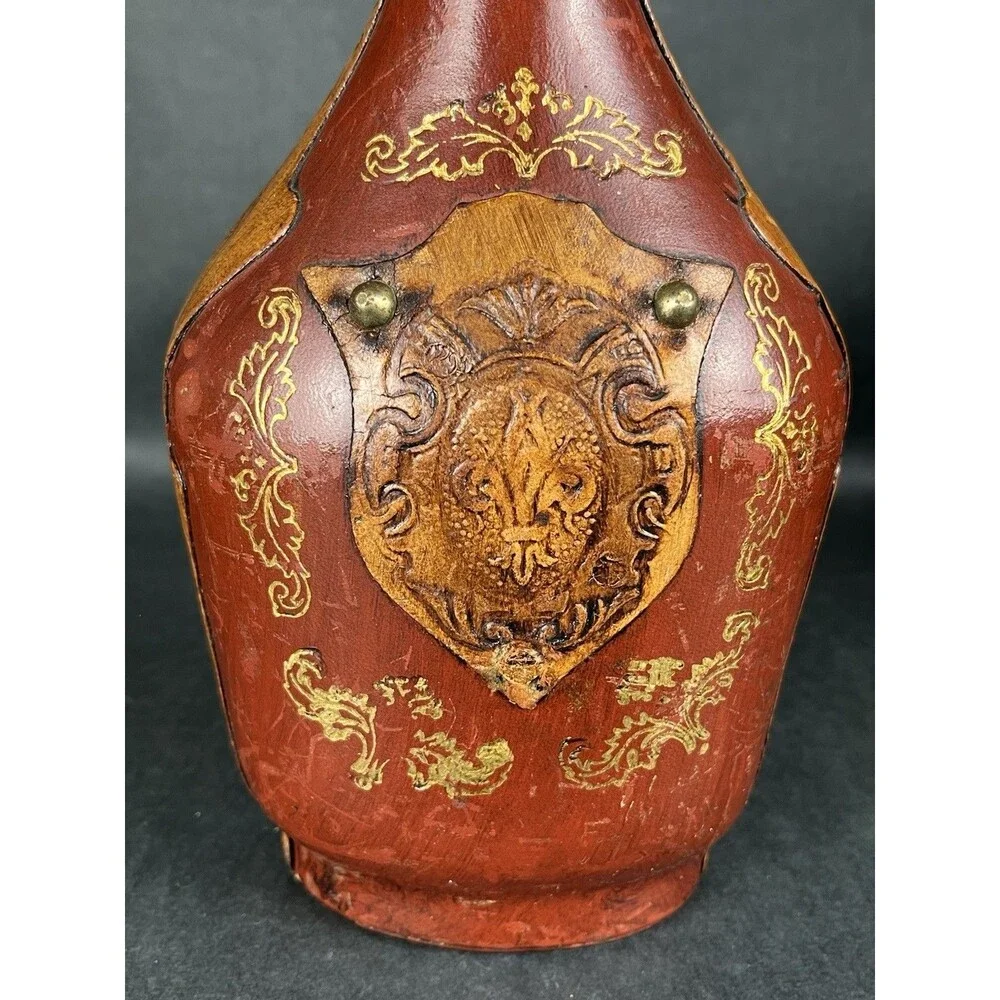 VTG Italian Leather Wrapped Decanter Bottle Fleur-de-lis Shield Crest MCM 13”
